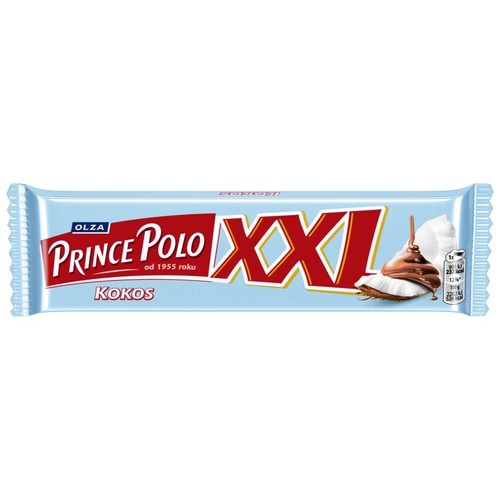 Jasnoniebieskie opakowanie batona waflowego Prince Polo XXL Kokos. Na etykiecie widnieje nazwa "OLZA Prince Polo XXL" oraz "KOKOS", a także informacja "od 1955 roku". Z prawej strony grafika kawałka kokosa polanego czekoladą.