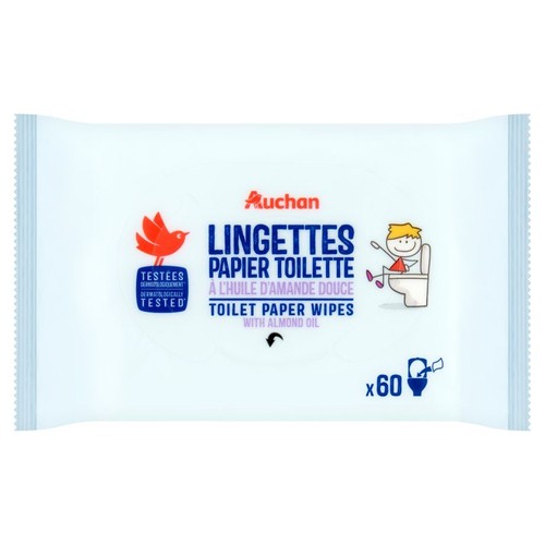 Biała paczka nawilżanych chusteczek toaletowych Auchan Kids, 60 sztuk. Opakowanie z napisem "Dermatologically Tested".