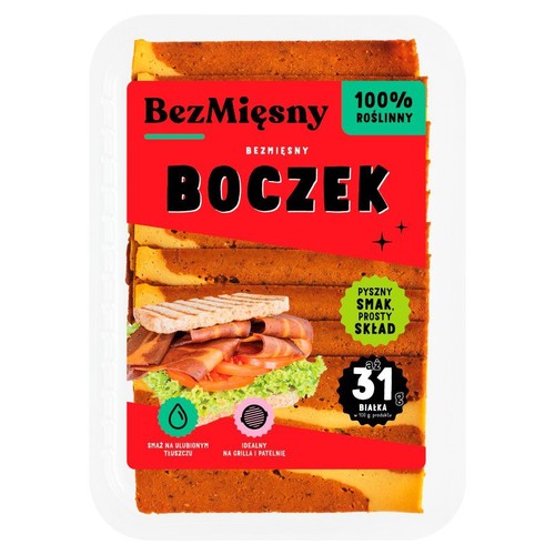 Opakowanie BezMięsnego Boczku, 100% roślinnego. Widoczne plastry produktu oraz grafika kanapki z boczkiem roślinnym.