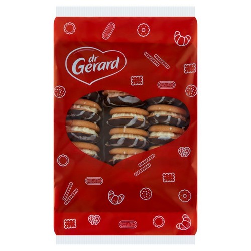 Czerwone opakowanie ciastek Dr Gerard Kremówka Morelowa 720g z sercowatym okienkiem. Widać okrągłe ciastka z kremem i polewą czekoladową.