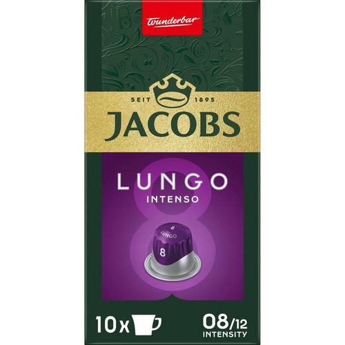Opakowanie 10 kapsułek kawy Jacobs Lungo Intenso, intensywność 8. Design zielono-fioletowy z elementami złota.