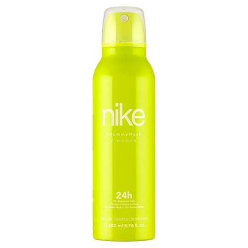 Neonowo-zielony dezodorant Nike Yummy Musk dla kobiet w metalowej puszce o pojemności 200 ml. Ma przezroczystą nakrętkę.