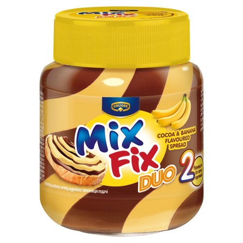 Słoik pasty Kruger Mix Fix Duo o smaku kakao i banana. Na etykiecie grafika pieczywa z pastą i bananów. Żółta zakrętka.