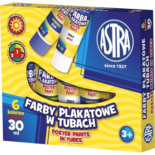 Astra farby plakatowe w tubach, 6 kolorów, 30 ml każda. Odporne na światło, wysoka wydajność. Dla dzieci 3+.