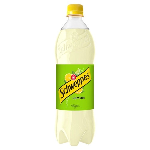 Przezroczysta butelka Schweppes Lemon z żółtą nakrętką. Zielona etykieta z nazwą produktu i owocami cytrusowymi.