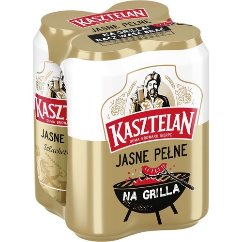 Czteropak piwa Kasztelan Jasne Pełne w białych i złotych puszkach. Na etykiecie widoczny jest mężczyzna z kuflem, a także rysunek grilla z kiełbaskami. Na opakowaniu zbiorczym hasło "Na Grilla! Racz Waść Brać".