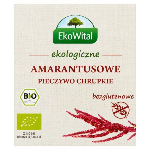 Opakowanie pieczywa chrupkiego EkoWital, amarantusowego, bezglutenowego. Widoczne logo BIO i czerwone kwiaty amarantusa.