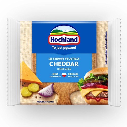 Opakowanie sera Hochland Cheddar w plastrach, bez konserwantów. Grafika sugeruje podanie z burgerem.