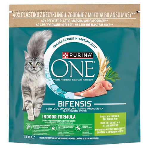 Karma dla kotów Purina ONE Indoor Formula z indykiem, 1,5 kg. Opakowanie w kolorze turkusowym z grafiką kota i mięsa.