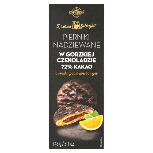 Opakowanie pierników Kopernik, nadziewanych pomarańczą, w gorzkiej czekoladzie. Na zdjęciu pierniki i plaster pomarańczy. 145 g.