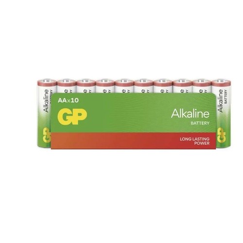 Zestaw 10 baterii alkalicznych GP typu AA, ułożonych w rzędzie nad zielono-pomarańczowym opakowaniem. Na pudełku widnieje logo GP, informacja 'AAx10' oraz hasło 'Długotrwała moc'. Baterie są białe z zielonymi napisami.