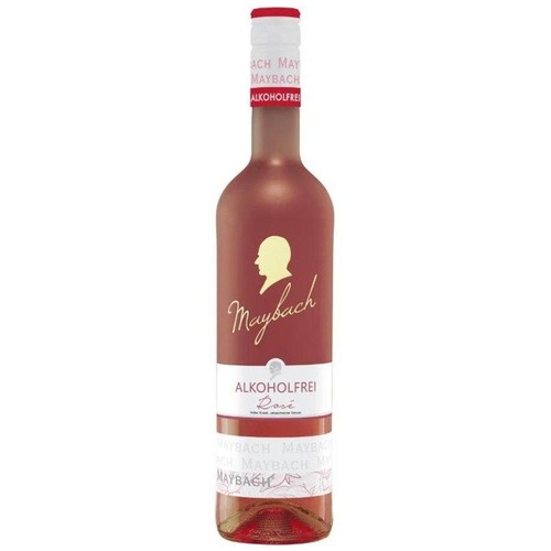 Produkt Maybach Rosé bezalkoholowe w eleganckiej butelce z ciemnoróżowego szkła. Centralna biała etykieta zawiera złoty profil mężczyzny, kaligraficzną nazwę "Maybach" i wyraźny napis "ALKOHOLFREI Rosé".
