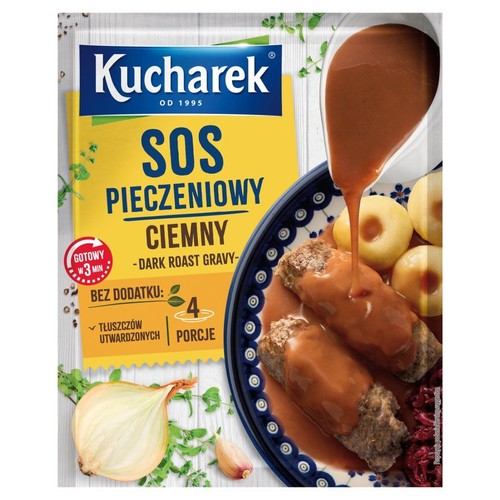 Kucharek Sos Pieczeniowy Ciemny, 4 porcje. Na opakowaniu sos polewany na mięso i kluski. Gotowy w 3 min.