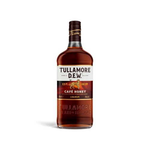 Szklana butelka likieru Tullamore D.E.W. Cafe Honey o pojemności 700ml i zawartości 35% alkoholu. Etykieta w odcieniach brązu z napisem "EST. 1829" i wizerunkiem złotego tygrysa. Na dole butelki napis "Serce Irlandii".