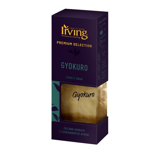 Irving Premium Selection Gyokuro, zielona herbata z cieniowanych upraw. Opakowanie w kolorze ciemnofioletowym.