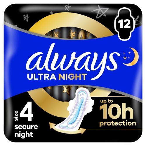 Always Ultra Night podpaski, rozmiar 4, 12 sztuk. Do 10 godzin ochrony.