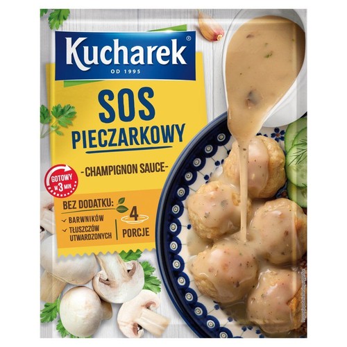 Opakowanie sosu pieczarkowego Kucharek, gotowego w 3 minuty. Na etykiecie grafika klopsików z sosem i świeżych pieczarek.