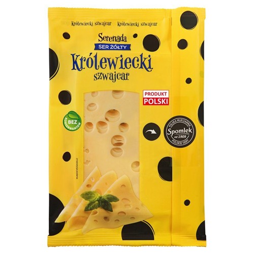 Opakowanie sera żółtego Serenada Królewiecki Szwajcar. Widoczna grafika plastrów sera z oczkami i logo Spomlek.