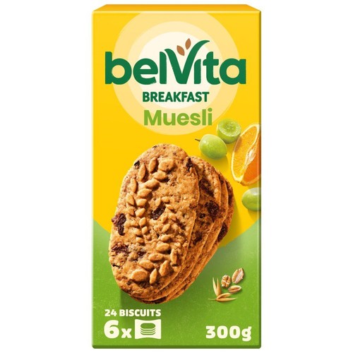 Ciastka zbożowe BelVita Musli, 300g. Na opakowaniu widać ciastka z ziarnami i suszonymi owocami.