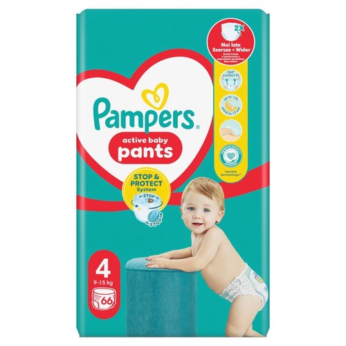 Opakowanie pieluchomajtek Pampers Active Baby Pants, rozmiar 4, 66 sztuk. Zapewniają do 12h ochrony.