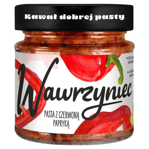 Produkt Wawrzyniec: pasta z czerwoną papryką w przezroczystym słoiku. Czerwona pasta, biała etykieta z nazwą marki i ilustracjami papryk. Czarne wieczko z hasłem "Kawał dobrej pasty". Widoczne informacje o 100% surowców.
