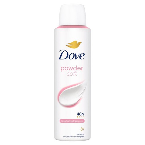 Antyperspirant Dove Powder Soft w białej puszce z różowymi detalami i złotym logo. Bez alkoholu, 150 ml.