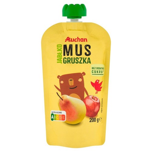 Żółta saszetka musu owocowego Auchan Jabłko Gruszka o wadze 200 gramów. Produkt jest bez dodatku cukru i posiada Nutri-Score A. Na opakowaniu widnieją rysunki brązowego misia, czerwonego ptaka, jabłka i gruszki.
