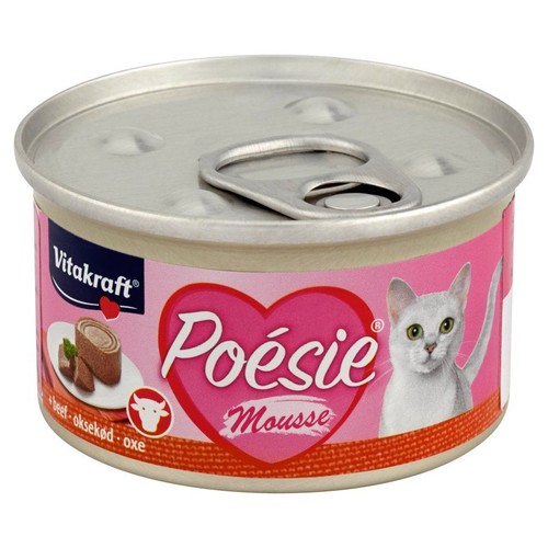 Puszka karmy Vitakraft Poésie Mousse wołowina dla kota. Różowa etykieta z wizerunkiem białego kota i dania.