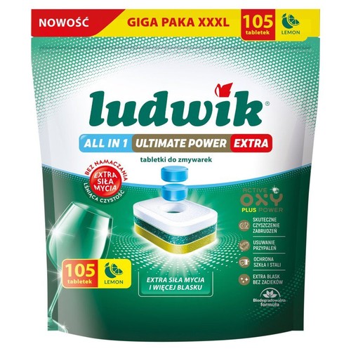 Opakowanie tabletek Ludwik All in 1 Ultimate Power Extra, 105 sztuk, cytrynowe. Skuteczne czyszczenie i blask.