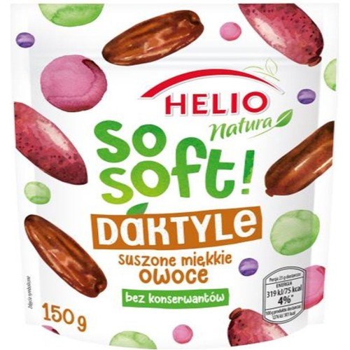 Biała torebka Helio Natura So soft! Daktyle, suszone miękkie owoce bez konserwantów, 150 g. Na opakowaniu grafiki daktyli.