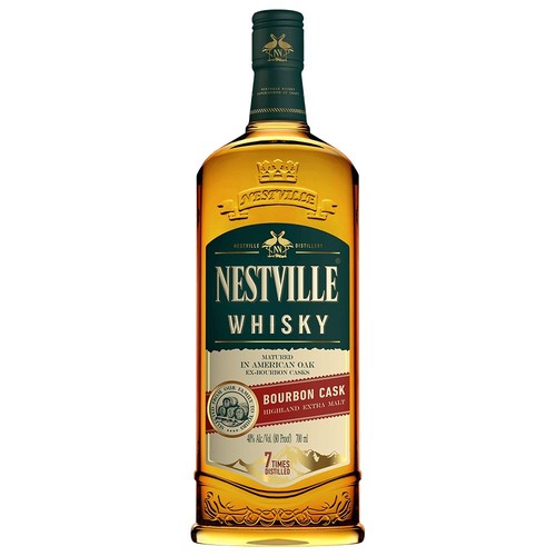 Butelka whisky Nestville, dojrzewająca w beczkach po bourbonie. Zawiera 700 ml alkoholu 40% obj. Destylowana 7 razy.