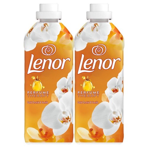 Dwie butelki płynu do płukania Lenor Perfume Therapy Złota Orchidea i Wanilia. Etykieta z białymi orchideami.