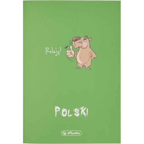 Zeszyt z zieloną okładką, idealny do nauki języka polskiego. Centralnym elementem jest grafika wesołego, kreskówkowego zwierzęcia z kciukiem w górę, symbolizującego relaks. Nad nim napis "Reluję!", a pod nim "POLSKI" oraz logo marki Berlitz.