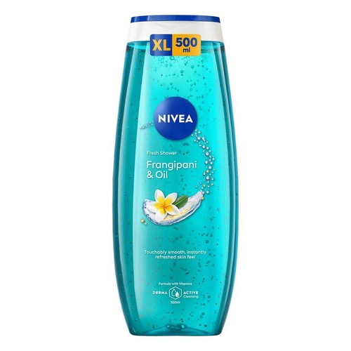 Nivea Fresh Shower Frangipani & Oil, żel pod prysznic w butelce 500 ml. Zapewnia gładką i odświeżoną skórę. Formuła z witaminami, do aktywnego oczyszczania.