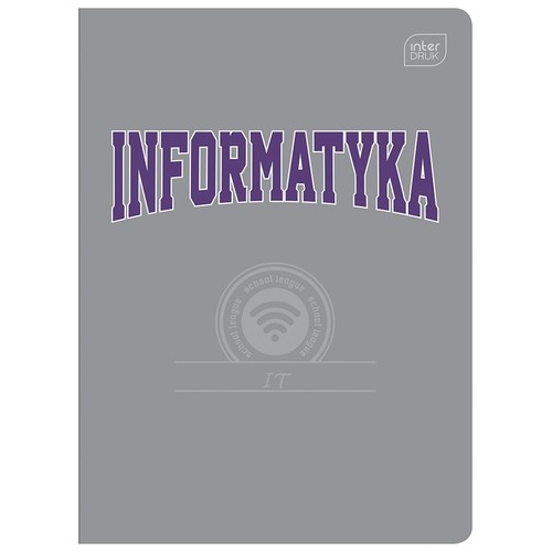 Okładka zeszytu w kolorze szarym z fioletowym, wypukłym napisem "INFORMATYKA". W prawym górnym rogu logo Interdruk. Na środku okrągły emblemat "school league" z ikoną Wi-Fi i tekstem "IT".