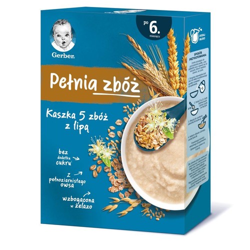 Opakowanie kaszki Gerber Pełnia zbóż, 5 zbóż z lipą, dla niemowląt po 6. miesiącu. Bez dodatku cukru, z pełnoziarnistego owsa.