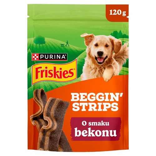 Opakowanie produktu Friskies Beggin' Strips 120g. Zielono-pomarańczowa torebka z psem rasy golden retriever i przysmakami o smaku bekonu.
