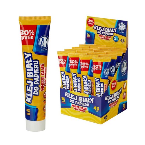 Pojedyncza żółto-niebieska tuba kleju białego Astra do papieru, 45 ml, z widocznym napisem "30% gratis". Obok stoi otwarte kartonowe opakowanie zbiorcze, zawierające 16 identycznych tubek kleju, gotowych do ekspozycji w sklepie.