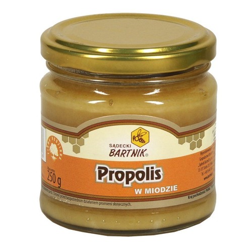Miód z propolisem Sadecki Bartnik w szklanym słoiku, 250 gramów. Etykieta z logo pszczoły.