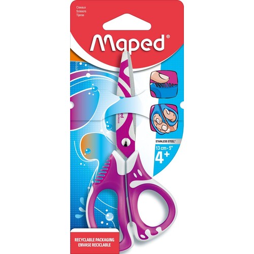 Maped nożyczki dla dzieci, fioletowo-białe, 13 cm, ze stali nierdzewnej. Ergonomiczne uchwyty, dla wieku 4+. Opakowanie recyklingowe.