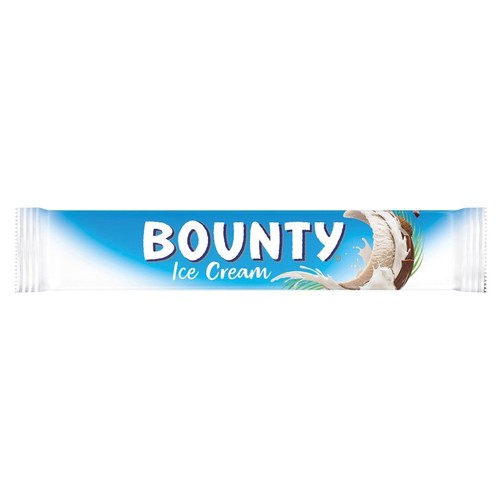 Opakowanie lodów Bounty z napisem "Bounty Ice Cream" i grafiką batona kokosowego w czekoladzie z mlecznym rozpryskiem.