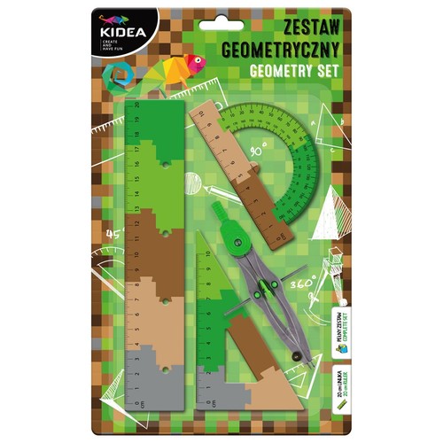Zestaw geometryczny KIDEA w opakowaniu, zawiera linijkę 20 cm, ekierkę, kątomierz i cyrkiel. Design pikselowy w zieleni i brązie.