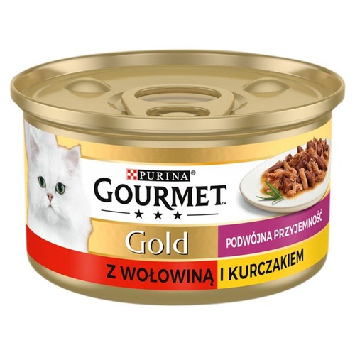 Złota puszka karmy dla kota Purina Gourmet Gold. Smak wołowina i kurczak. Widoczny biały kot i porcja karmy.