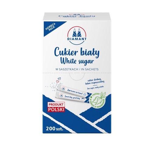 Biały cukier Diamant w saszetkach, 200 sztuk. Drobny, łatwo rozpuszczalny. Opakowanie Horeca Pack, Produkt Polski.