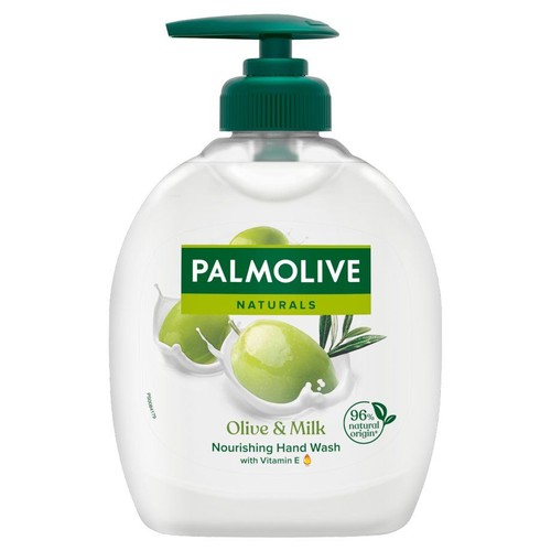 Odżywcze mydło do rąk Palmolive Naturals Olive & Milk. Na etykiecie grafika oliwek i mleka.