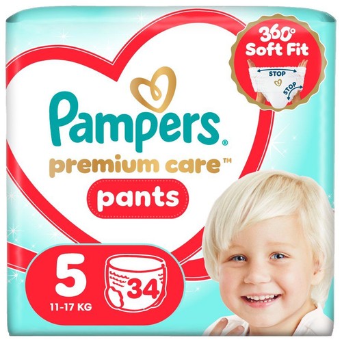 Opakowanie pieluchomajtek Pampers Premium Care Pants, rozmiar 5 (11-17 kg), 34 sztuki. Na froncie uśmiechnięte dziecko.