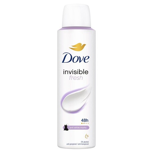 Antyperspirant Dove Invisible Fresh w białej puszce sprayu 150 ml. Chroni przed białymi śladami. Ma białą nakrętkę.