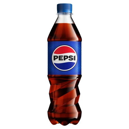 Plastikowa butelka Pepsi z charakterystycznym logo na niebieskiej etykiecie.