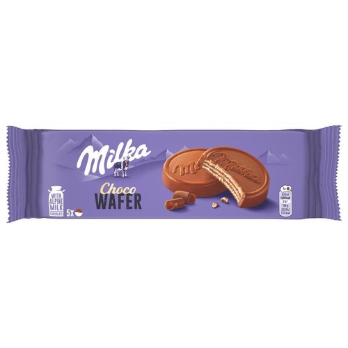 Fioletowe opakowanie Milka Choco Wafer z alpejską mleczną czekoladą, 5 sztuk. Na opakowaniu widać dwa wafle czekoladowe.