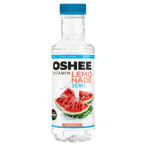 Butelka OSHEE Vitamin Lemonade Zero o smaku arbuza. Przezroczysta butelka z niebieską zakrętką, etykieta z grafiką arbuza.